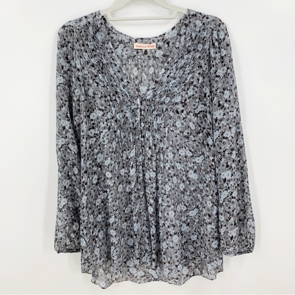 Rebecca Taylor Floral Silk Cotton Metallic V Neck Popover Blouse Sz 6
